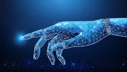 Wall Mural - Robot or cyborg arm and hand human. Touch Technological concept. Low poly blue. Polygonal 