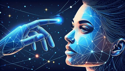 Wall Mural - Robot or cyborg arm and hand human. Touch Technological concept. Low poly blue. Polygonal 