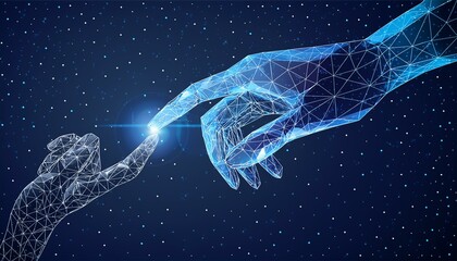 Wall Mural - Robot or cyborg arm and hand human. Touch Technological concept. Low poly blue. Polygonal 