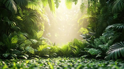 Wall Mural - Lush tropical jungle foliage with sunlit clearing.