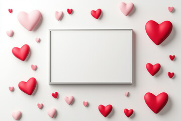 Wall Mural - Minimalistic blank white banner, with simple pink and red hearts around, valentine's day, mockup