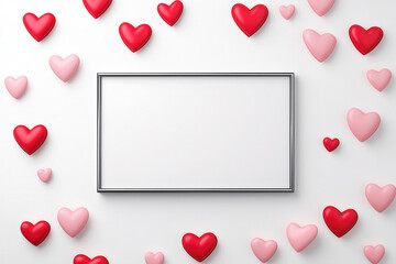 Wall Mural - Minimalistic blank white banner, with simple pink and red hearts around, valentine's day, mockup