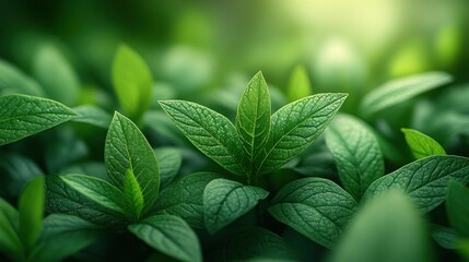 Wall Mural - Lush green leaves illuminated by sunlight.