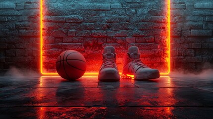 Wall Mural - basketball loop animation with dark neon lighting effect rendering