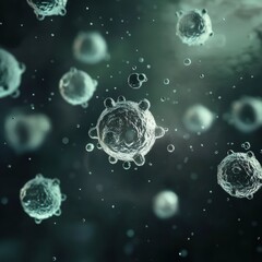 Leinwandbilder - Viruses floating in water droplets under a dark background showcasing their microscopic details and movement dynamics. Generative AI