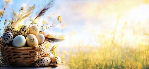 Art home holiday Easter morning risen;  Easter eggs basket and bird feather on morning sunny sky background; Holiday Easter banner or greeting card background