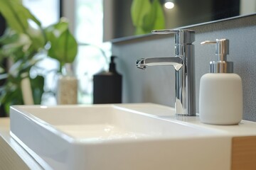 Aufkleber - Sanitizer droplets effectively eliminating bacteria at a modern sink in a bright bathroom with lush plants. Generative AI