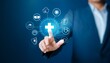 © Rahmat  - hand pushing button on a interface. Hand choose healthcare medical icon. Health insurance health concept. access to serve