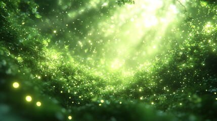 Wall Mural - Magical sunlit forest with glowing particles and lush green foliage.