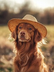 Poster - Dog wearing a straw hat enjoys a sunny day on a rustic farm surrounded by swaying grasses and golden light. Generative AI