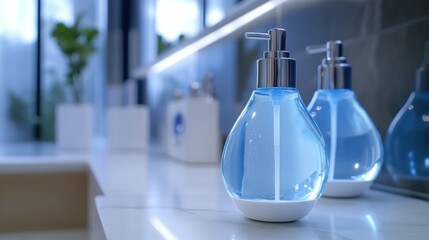 Aufkleber - Droplets of sanitizer in a modern bathroom setting eliminating harmful bacteria. Generative AI