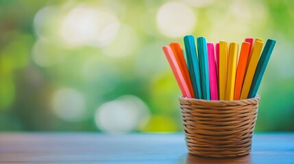 Colorful wooden sticks in a basket on a table, with a blurred background