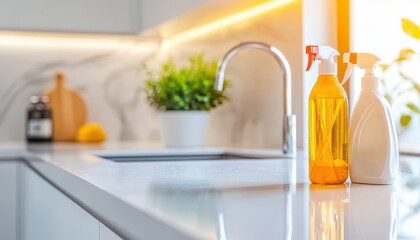 House cleaning and organization supplies. Modern kitchen countertop with cleaning supplies, a plant, and natural light creating a fresh, inviting atmosphere.