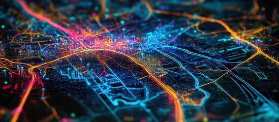 Wall Mural - abstract digital city map with glowing lines and nodes.