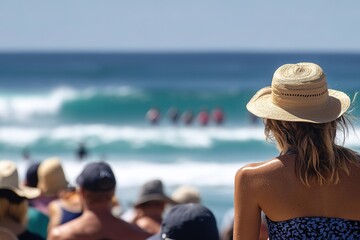 Wall Mural - Woman watching surfers ride waves, sunny beach day