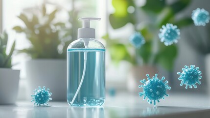 Aufkleber - Sanitizer droplets effectively eliminate bacteria on surfaces in a bright indoor environment. Generative AI