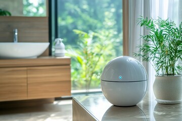 Aufkleber - Droplets of sanitizer eliminate bacteria in modern bathroom setting during daytime enhancing cleanliness and hygiene. Generative AI