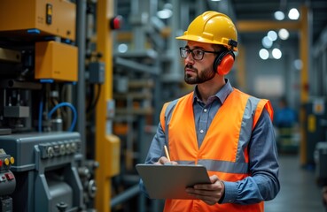 Aufkleber - Pro technician engineer in safety hard hat inspects industrial construction equipment in factory. Man wearing safety gear checks manufacturing machine for maintenance. Focused worker in industrial