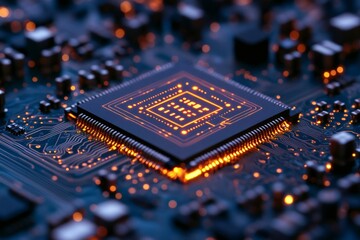 Poster - Cpu processing data on motherboard with orange lights glowing