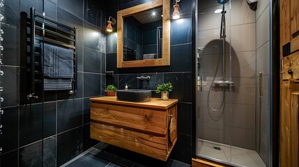 Interior of modern bathroom with dark brick walls, concrete floor, wooden countertop and mirror