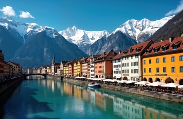 Colorful Innsbruck cityscape. Buildings reflect on calm river. Alpine mountains rise majestically in background. Cafes line riverbank. Scenic town center view. Snowy peaks, vivid colours create