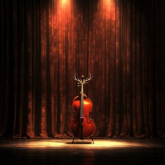 Aufkleber - Deer plays cello on stage surrounded by warm lights and elegant curtains in a captivating musical performance. Generative AI