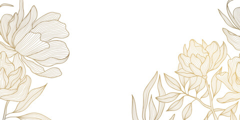 Wall Mural - vector line art golden peonies, japanese style luxury background, royal elegant flowers frame, backg