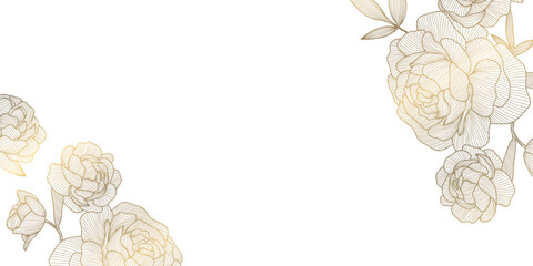 Wall Mural - vector line art golden peonies, japanese style luxury background, royal elegant flowers frame, backg