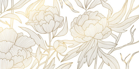 vector line art golden peonies, japanese style luxury background, royal elegant flowers frame, backg