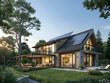 © Saiful - Modern house with solar panels, surrounded by greenery, showcasing sustainable living and stylish architecture against a clear sky.