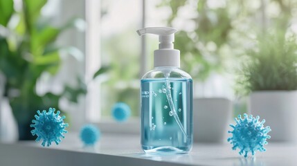 Aufkleber - Droplets of sanitizer in action eliminating bacteria in a bright indoor setting surrounded by plants. Generative AI