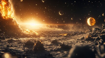 Wall Mural - a fiery cosmic landscape with a distant glowing moon