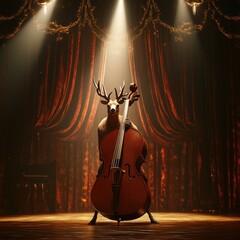 Poster - Deer showcasing musical talent by playing a cello in a theatrical setting with dramatic lighting and rich curtains. Generative AI