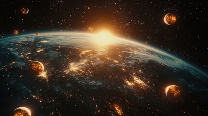 Wall Mural - earthrise with fiery planets and stars in the cosmos