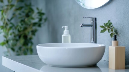 Aufkleber - Droplets of sanitizer on surfaces in a modern bathroom, highlighting hygiene practices in daily life. Generative AI