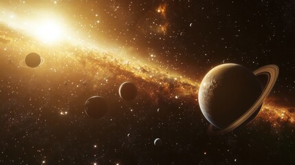 Wall Mural - a ringed planet in a starry sky with a bright sun and a galaxy in the distance.