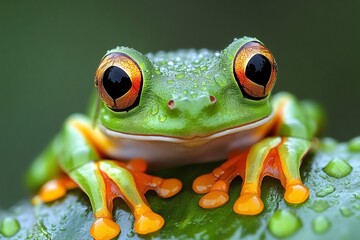 Wall Mural - Green frog sitting on a leaf with dew drops