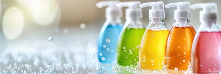 Aufkleber - Droplets of sanitizer eliminate bacteria on surfaces with vibrant bottles in a clean environment. Generative AI