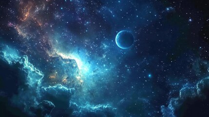 Wall Mural - a celestial landscape with a lone planet amidst a nebula and a star-filled sky