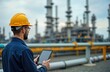 © miss irine - Male industrial engineer in safety uniform uses tablet at oil, gas refinery site. Inspects pipelines, equipment. Pro service worker checks plant machinery. Modern technology, hard hat essential for
