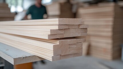 Wall Mural - Stacked Wooden Planks in a Workshop with Unidentified Craftsman in Background Surrounded by Lumber Materials