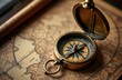 © miss irine - Vintage compass rests on aged map. Navigation tool sits on historic chart. Exploring past adventures. Time travel concept. Navigation instrument for seafarers. Old maps with ancient markings. Retro