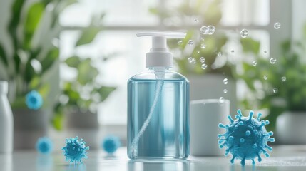 Aufkleber - Droplets of hand sanitizer eliminate bacteria in a bright indoor setting surrounded by plants during the day. Generative AI