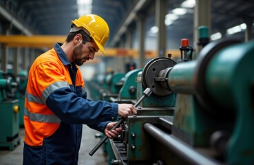 Aufkleber - Male worker in safety uniform and hardhat works on an industrial metal cutting machine. He carefully adjusts a tool on the machine. Inside a factory. Manufacturing process. Industrial worker at job.