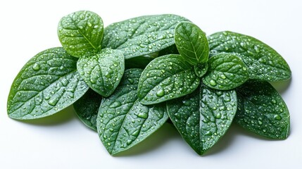 Wall Mural - Fresh green leaves with water droplets on white background.