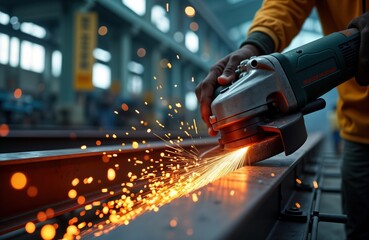 Poster - Worker grinds steel structure in factory. Sparks fly from electric grinder tool. Industrial setting with metal beams. Manufacturing process in progress. Powerful machine in action.