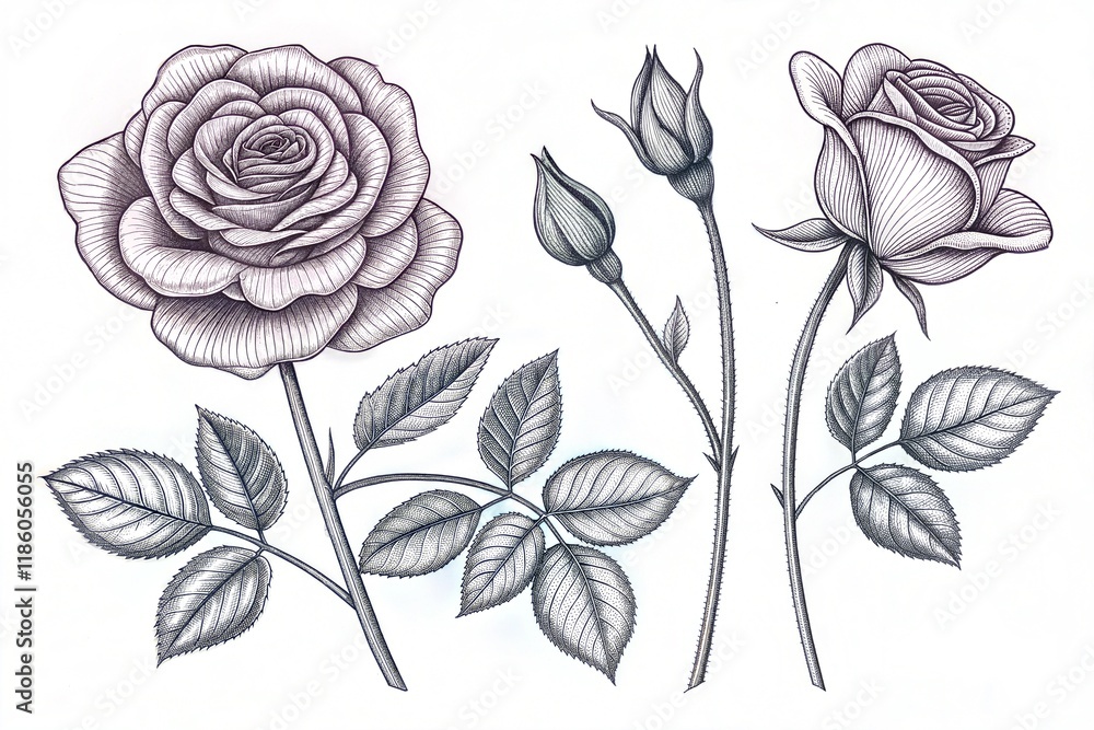 Roses flowers Clip art, set of elements for design Outline hand drawing ...