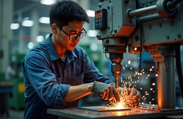 Leinwandbilder - Asian worker operates drilling machine in production plant. Focused man works on metal piece. Sparks fly from drilling process. Factory setting. Manufacturing precision metal work. Modern industrial