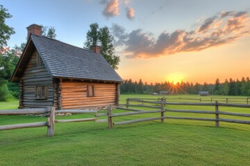 Wall Mural - Rustic log cabin at sunset with vibrant sky and lush grassland