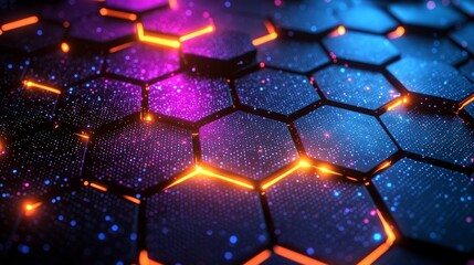 Wall Mural - Glowing, waving hexagon line dots connect technology futuristic animation background, 3D rendering